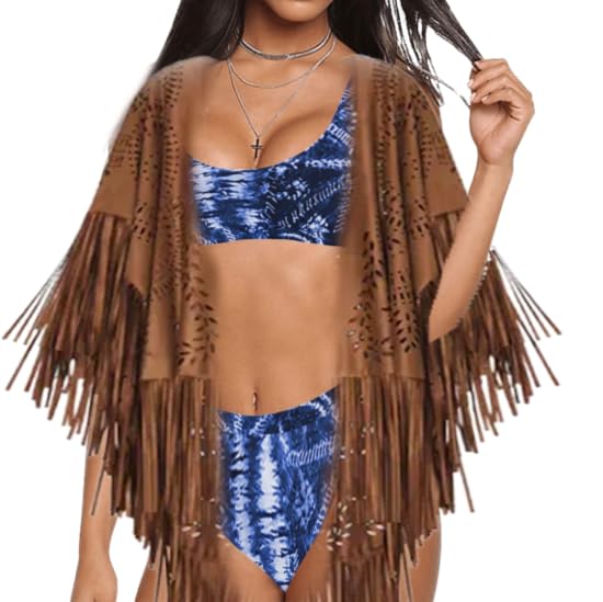 Women’s Faux Suede Fringed Open Front Kimono Style Shawl Wrap One Size2