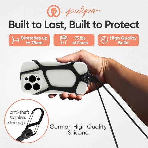 Pulpo Safety Cell Phone Lanyard Black Fits Smartphones 6.1" to 6.8” - Anti Theft Phone Strap for Men & Women, Lanyards for Phones, Hiking Phone Holder & Cellphone Lanyard, Silicone Crossbody Straps