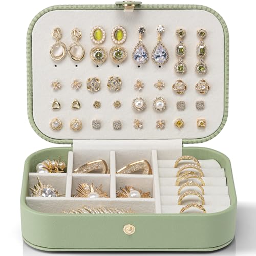 VLANDO Travel Jewellery Box, PU Leather Travel Jewellery Organiser for Rings, Necklaces, Bracelets,Earring Box, Gifts for Women Pale Green