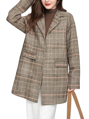 Classic Brown Plaid Women'S Suit Jacket - Fashionable Versatile&Slim Fit Design