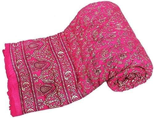 World Famous Jaipuri Light Weight Pure Cotton Traditional Rajasthani Print Multi Colour Double Bed Quilt/Razai/Rajai (Pink, Double)