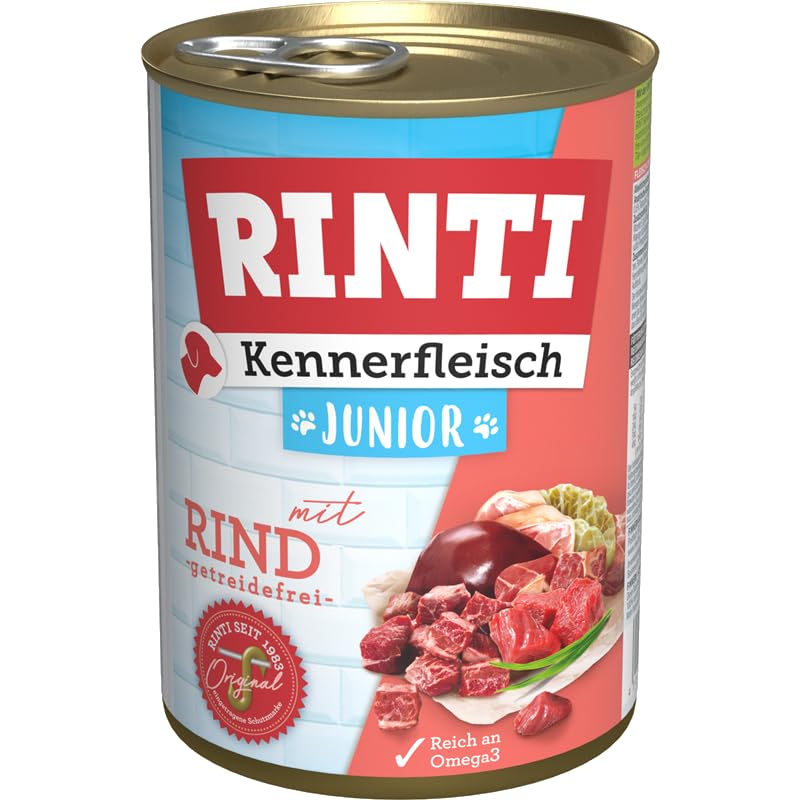 RINTI-Kennerfleisch Junior Mixpaket 12 x 400g | Welpen-Nassfutter Huhn & Rind | Nassfutter für Welpen | Getreidefrei mit Omega 3 & Rübenfasern | Juniorfutter ohne Soja
