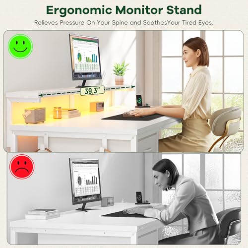 Image of DurayLoly 39.3Inch Computer Desk with Power Outlet & Drawer,Gaming Desk with CPU Stand& LED Lights,Corner Office Desk with Ergonomic Monitor Stand for Home Work, Study and Gaming, Small Spaces,White