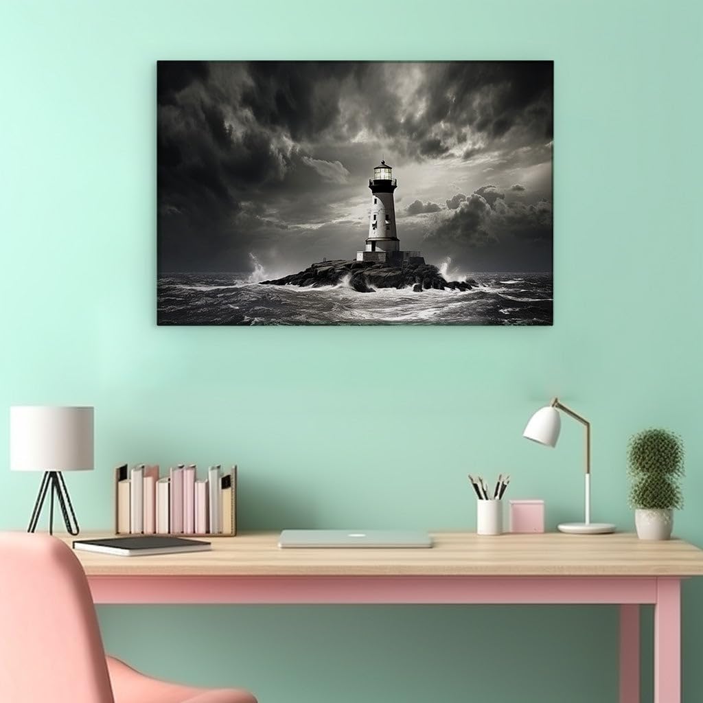 Canvas for Living room. Beacon of Resilience Against the Storm's Rage, 27 x 18 inch Canvas Wall Art - Ready to Hang
