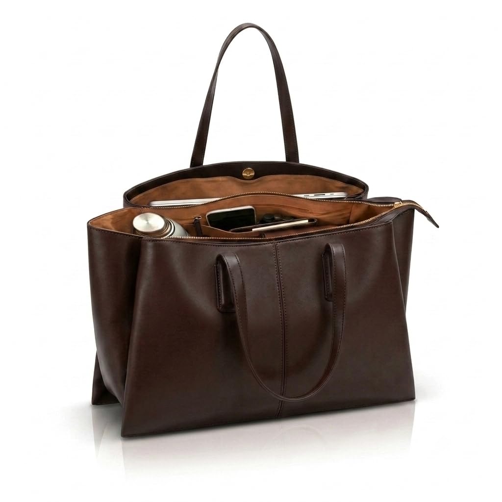 Large Tote Bag for Women, Laptop Tote Bag for Work, Vegan Leather Work Purse, Triple Compartment Shoulder Bag
