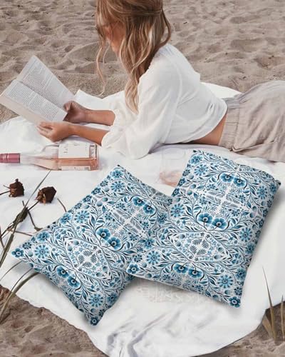 Edwiinsa Boho Floral Blue Outdoor Pillow Covers Waterproof,All Weather Cushion Case Set of 2 Lumbar Pillowcase for Sofa Couch Bed Decor Patio Furniture 20
