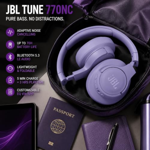 JBL TUNE 770NC - Adaptive Noise Cancelling with Smart Ambient Wireless Over-Ear Headphones, Bluetooth 5.3, Up to 70H battery life with speed charge, Lightweight, comfortable & foldable design (Purple) - image 4