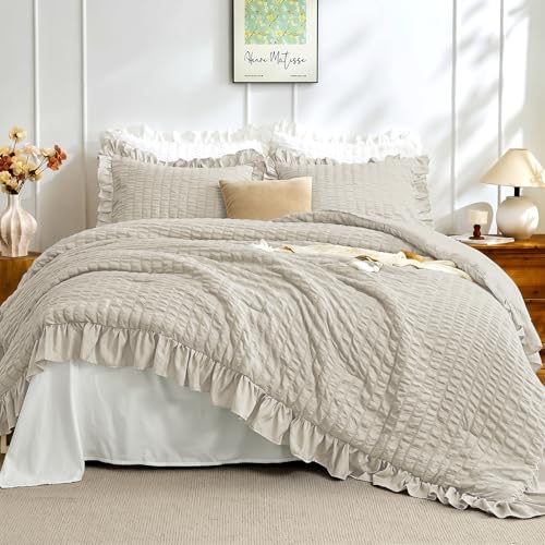 Image of JOLLYVOGUE King Size Comforter Set, 3 Pieces Oatmeal Seersucker Comforters King Size, Lightweight & Fluffy Bedding Sets King for All Season with 1 Ruffle Comforter and 2 Ruffle Pillowshams