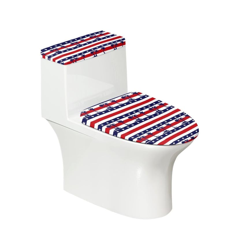 Daulesho Red Blue White Stripes Toilet Lid Cover Stars and Stripes Washable Toilet Tank Replacement Toilet Cover Set Abstract American Flag for Bathroom Home Decor Accessories