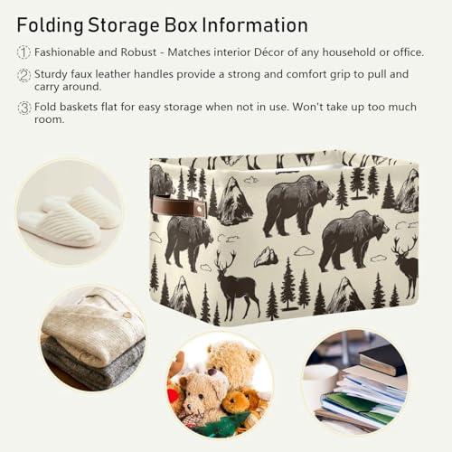 Image of Aslsiy Storage Basket Vintage Deer Bear Moose Nursery Bins National Park Baby Box Canvas Clothes Shelf Basket Laundry Hamper for Home Closet 1 Pcs