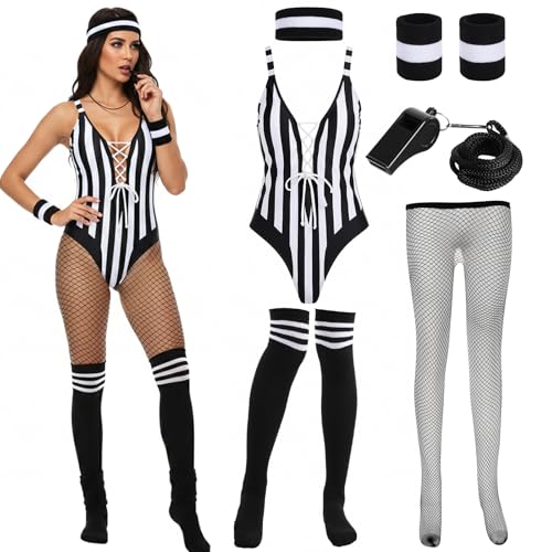 6 Pcs Women Referee Costume Set Referee Bodysuit Accessories Set for Womens Soccer Sport Halloween Costumes for Women(M)