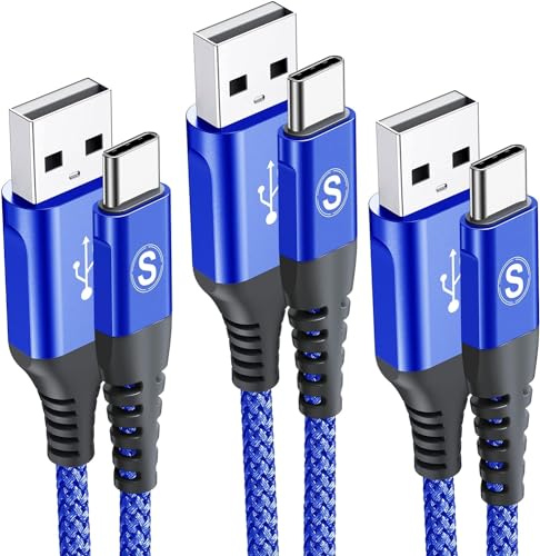sweguard USB Type C Charger Cable [3-Pack,10ft+6.6ft+3.3ft] iPhone 15 Charger Nylon Braided Cord for iPhone 15 Pro Max Samsung Galaxy S23 S22 S21 S20 S10 Note 20 10 Flip A53 A54 Pixel LG Moto PS5-Blue