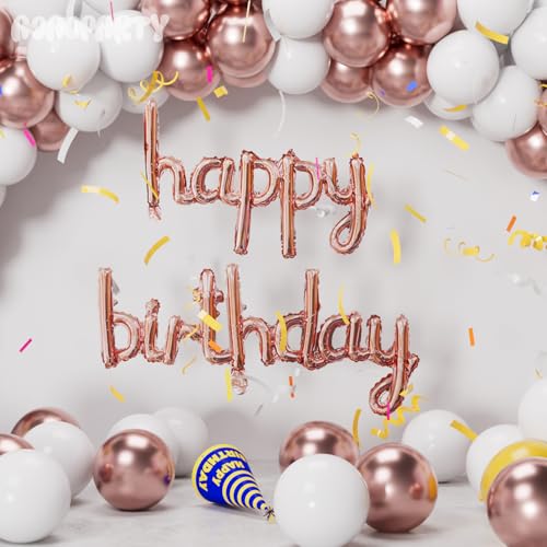 Image of Rose Gold Happy Birthday Balloons Banner 16 Inch Mylar Foil | Happy Birthday Letters Sign for Women Men Adults Birthday Party Decorations