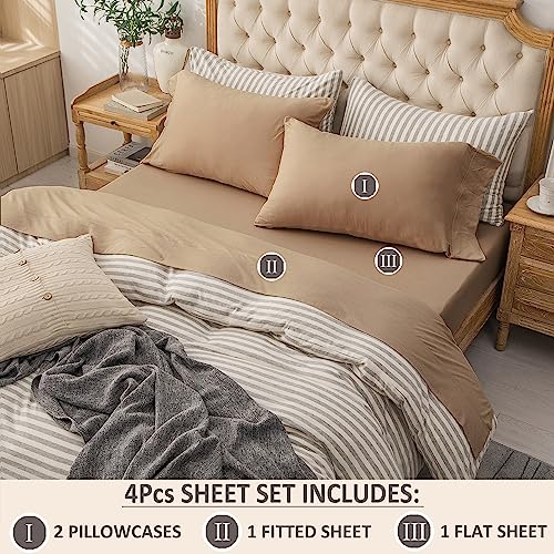 PURE ERA Jersey Knit 4pc Bed Sheet Set 100% T-Shirt Cotton Super Soft Comfy Breathable Fits Mattress Up to 20" Extra Deep Pocket (Solid Toffee Brown, Queen)