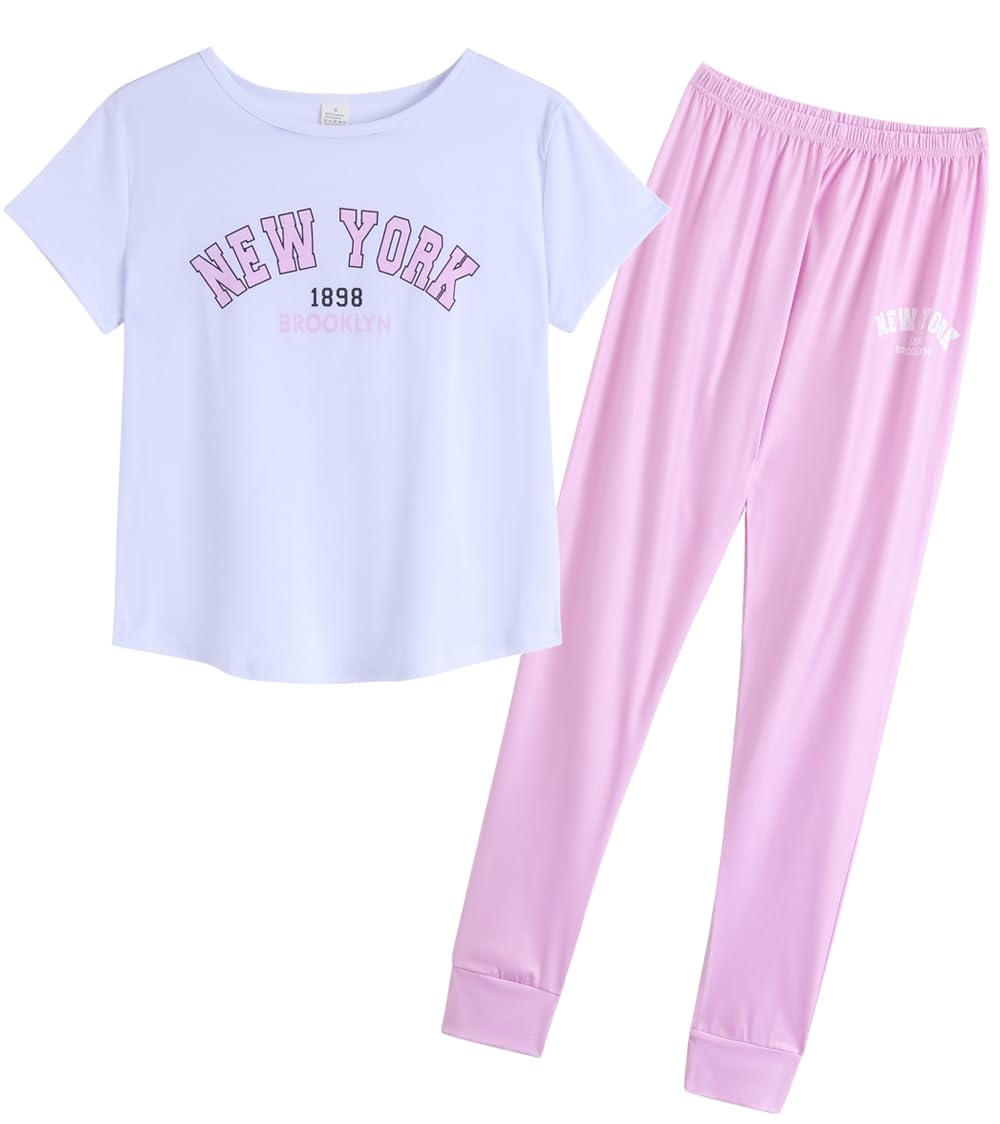 YIJIU Women's Summer Cute Cartoon Print Top and Pant Pajama Set Lounge Sleepwear XX-Large White Pink