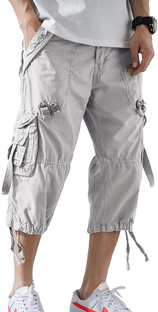 DONGD Mens Cargo Shorts Cotton 3/4 Loose Fit Below Knee Capri Cargo Short