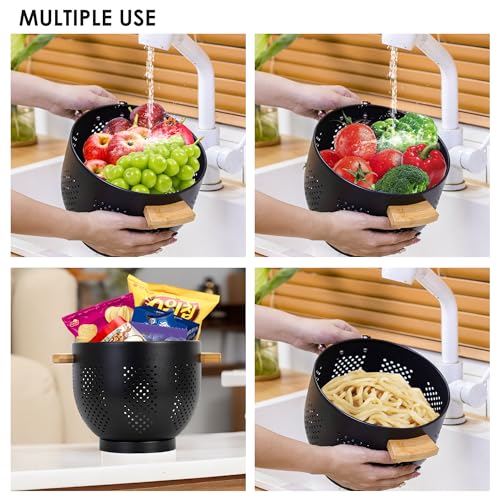JYGMCO-Colanders-with-Wood-Handle-Kitchen-Essential-Metal-Strainers-ColandersLarge-Strainer-Perfect-for-Pasta-Fruits-and-More-Food-Matte-Black-55-QT