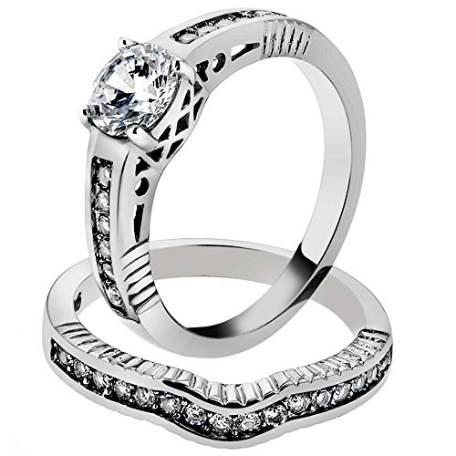 Marimor Jewelry 1.75 CT Round Cut Cubic Zirconia Stainless Steel Wedding Ring Set Womens Size 8