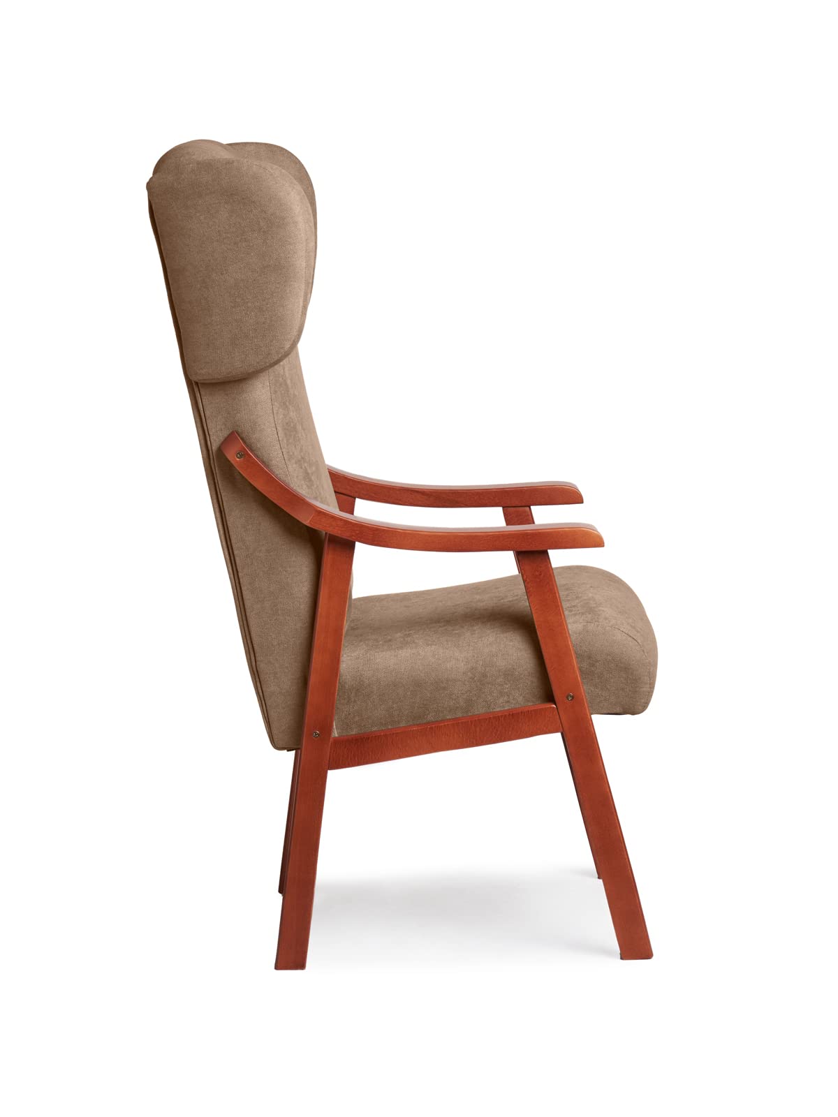 Silla Ergonómica con Brazos y Orejas Apoyacabeza en Madera de Cerezo. Tapizado Antimanchas para Personas Mayores o Geriátrico (115 x 71 x 57 cm) [Tostado]
