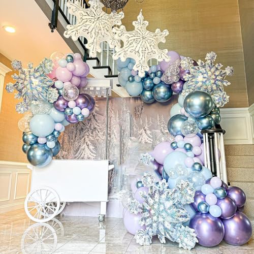 Image of Frozen Balloon Arch Garland Kit, 164Pcs Winter Wonderland Balloon Arch Kit Blue Purple Clear Snowflake Balloons for Winter Wonderland Theme Baby Shower Snow Girl Princess Birthday Decorations