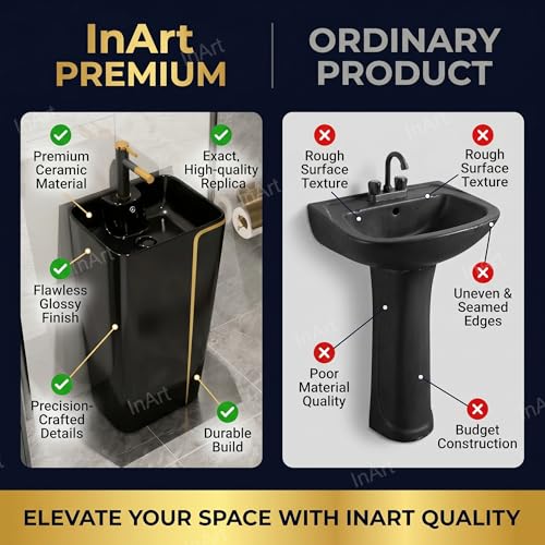 Image of InArt One Piece Ceramic Pedestal Free Standing Round Wash Basin for Living Room and Bathroom (17 x 14 x 34 Inch, Black Matt)
