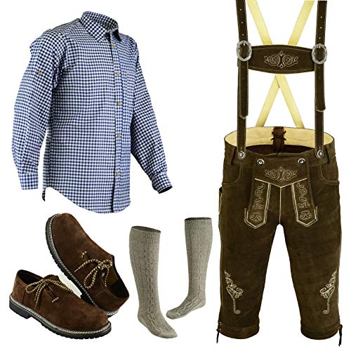 Speed4allkinds Herren Trachten Lederhose Größe 46-62 Trachten Set 5 Teilig Bayerische Trachtenlederhose,Hemd,Schuhe,Socken (Hose 56, Schuhe 46) Cover