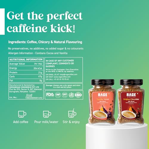 Image of Rage Coffee Silk Blend Instant Coffee | Belgian Chocolate & Vanilla Velvet Silk Blend Flavoured Coffee 60 GMs Each | Premium, Bold & Smooth | Pack of 2