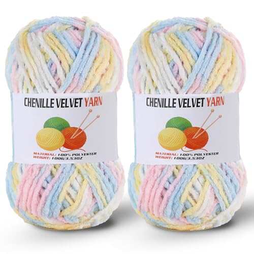 Image of 2 * 100g /3.5oz Fluffy Chenille Yarn for Crocheting, Chunky Velvet Yarn for Crochet Amigurumi, Used for Making Baby Yarns Blanket, Clothes, Pattern Knitting Creations (Colorful-C)