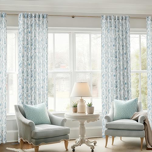 Image of Blue Floral Curtains 90 Inch Length Back Tab for Living Room 2 Panels Set | Light Filtering, Linen Curtains, Blue Flower, Plant Pattern, Print on White, Aesthetic, Coastal Style, Vintage, Cottagecore