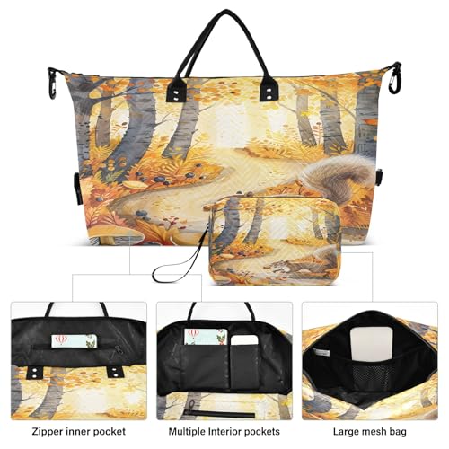 Weekender Bags Travel Duffel Gym Bag Children's Books Illustrate Winding Roads in Golden Maple Forests Squirrels Running with Acorns Mu Carry on Overnight Tote Bag with Toiletry Bag for Airplane Tra2