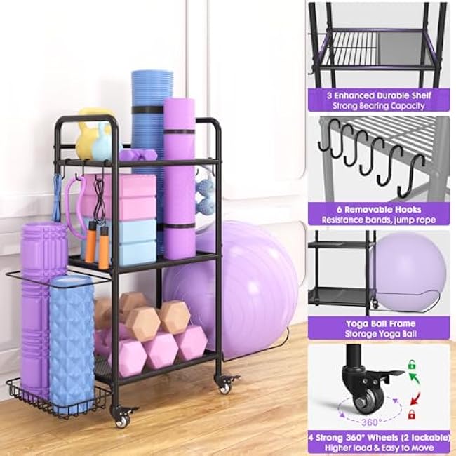 Home Gym Storage Rack Exercise Equipment Storage Organizer for Yoga Mat Dumbbells Kettlebells Foam Roller Yoga Strap & Resistance Bands, Ideal Yoga Mat Holder & Workout Equipment Organizer