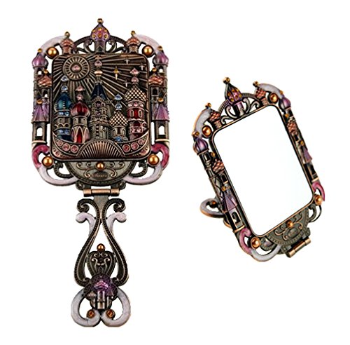 Ivenf Large Size Sun & Castle Vintage Style Foldable Make-Up Metal Hand Mirror, Basso-Relievo Castle Pattern, Bronze & Pink (Manufacturer Discontinued)