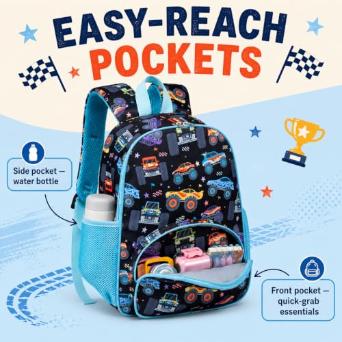 Image of LOIDOU Kids Preschool Backpack for Boys, 15 Inch Monster Truck School Bag, Lightweight Water-Resistant Kindergarten Backpack with Chest Strap for Ages 3-6