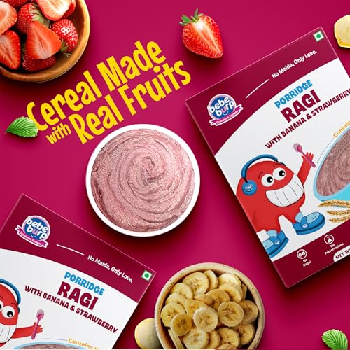 Image of Bebe Burp No Added Sugar Instant Cereal | Ragi, Strawberry and Banana with Milk | No Preservatives No Salt | Made with Jowar and oats, 200g