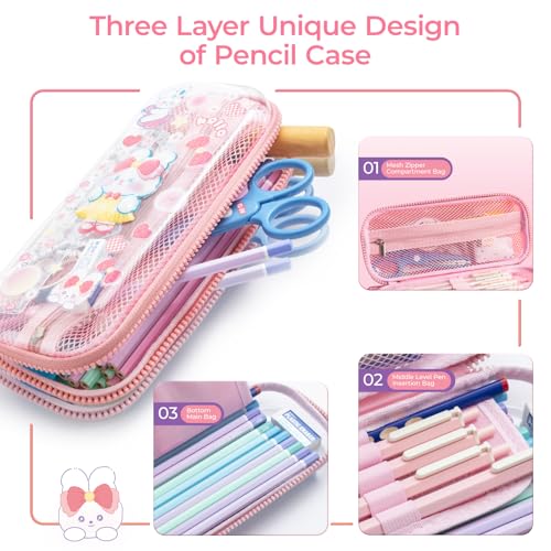 Image of M&G Pencil Case, Large Capacity Pencil Pouch Multi-Slot Pencil Case Organizer, Cute Portable Pencil Bag Transparent Stationary with Zipper for Makeup Brush Teen Boys Girls Office Students(Pink)
