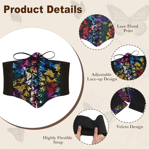 Womens Elastic Waist Belts Wide Elastic Lace Up Pirate Corset for Dress Colorful Butterfly Renaissance Waist Cinch Belt for Costume3