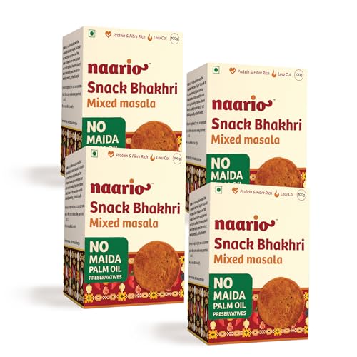 Image of Naario Mixed Masala Crackers Healthy Snack for Adults and Kids (12 Calories /pc) Wholesome Wheat Bhakhri with Organic Spices | High-Fibre, No Maida Guilt Free Snack | 100g Pack of 4