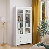 YIGOBUY Bookcase with Glass Doors 4-Tier Tall Bookshelf with Cabinet and Drawers Wood Curio Storage Cabinets Wide 4 Cube Storage Organizer for Living Room Bedroom Bathroom Office Kitchen