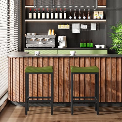 Image of HOOBRO Bar Stools, Set of 2 Bar Chairs, Counter Height Stools, Saddle Barstools with Curved Surface, 24.8 Inches, 2.4 inch Thick Upholstery, for Kitchen, Dining Room, Cafe Forest Green and Black JB10BY01