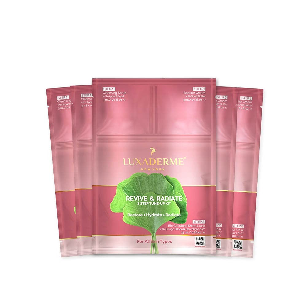 LuxaDermeRevive & Radiate 3 Step Tune-Up Kit - Cleansing Scrub, Bio Cellulose Sheet Mask, Booster Cream (Pack of 5)