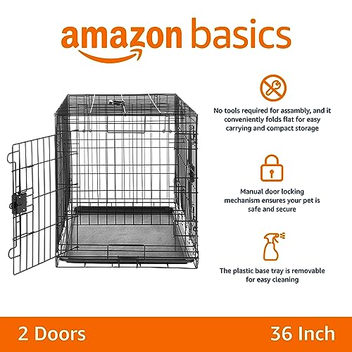 Amazon Basics Durable, Foldable Metal Wire Dog Crate with Tray, Double Door, 36 x 23 x 25 in, Black - Image 3