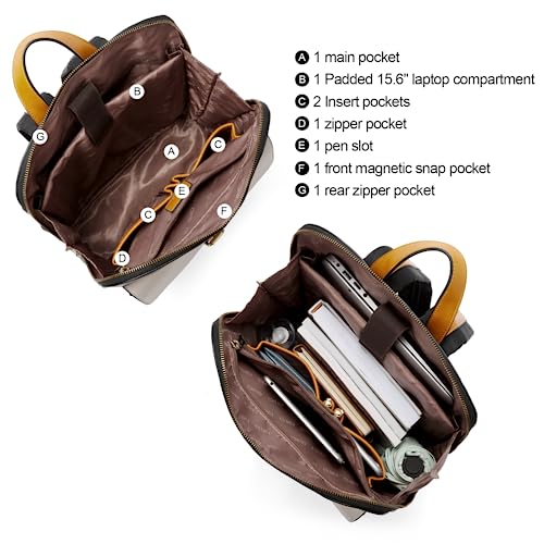 Image of CLUCI Leather Laptop Backpack for Women 15.6 inch Computer Backpack Stylish Travel Backpack Purse for Women Work Daypack Bag Black-white with Yellow