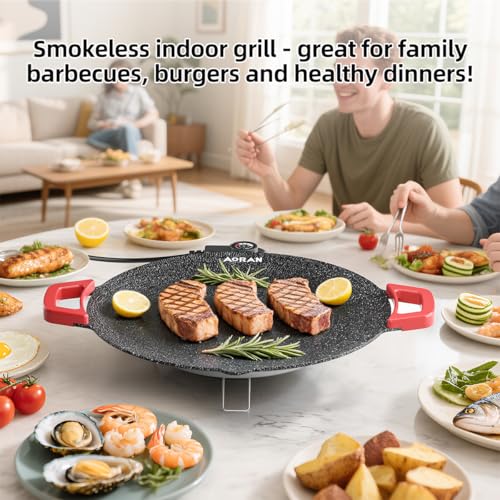 Image of AORAN Indoor Grill Electric Smokeless Set - Nonstick Electric Griddle for Indoor Use, Compact & Versatile Cooking for Steaks, Pancakes & BBQ, Includes Silicone Spatula, Oil Brush & Food Tongs