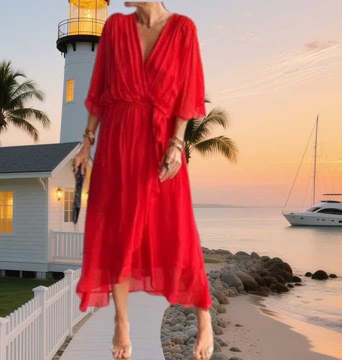 Keepholdon Dress, Fashion Solid Color Wrap V Neck Summer Loose Half Sleeve a Line Irregular Midi Dress3