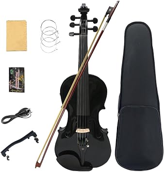 Acoustic-Electric Violin 4/4 Full Size, with Spruce Top, Maple Back and Sides, Ebony Fittings, Includes Case, Bow, Shoulder Rest, Strings, Cleaning Cloth and Jack Cable Black