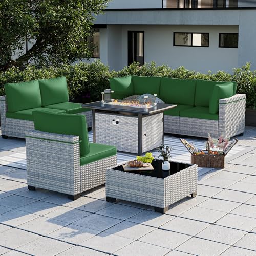 Image of Outdoor PE Wicker Rattan Modular Patio Sectional Sofa Set | 8-Piece: 6 Modular Seats, Coffee Table & 55,000 BTU Fire Pit Table, Dark Green