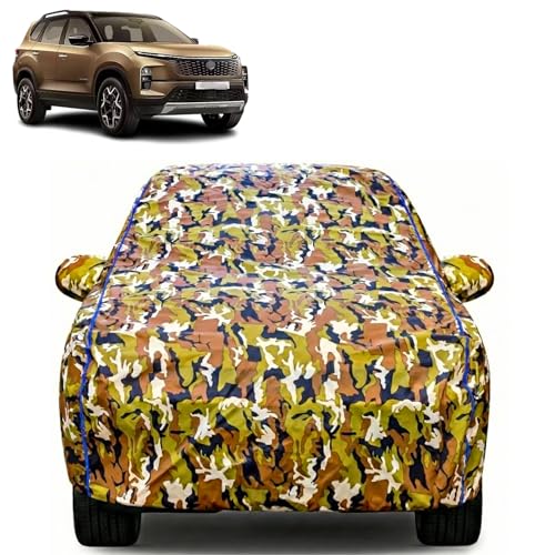 Image of Waterproof Car Body Cover for TATA Hexa with Mirror Pocket| Cotton Inner Lining | Triple Stitched | All Weather Protection | Dust, UV & Rain Proof (Camouflage with Blue Piping)