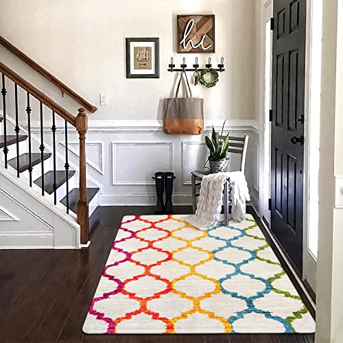 Lahome Moroccan Colorful Living Room Area Rug - 3X5 Washable Throw Soft Rugs For Bedroom Carpet Non-Slip Low-Plie Entryway Kitchen Rugs Rainbow Print Distressed Floor Carpet For Kids Nursery Office #TOP3