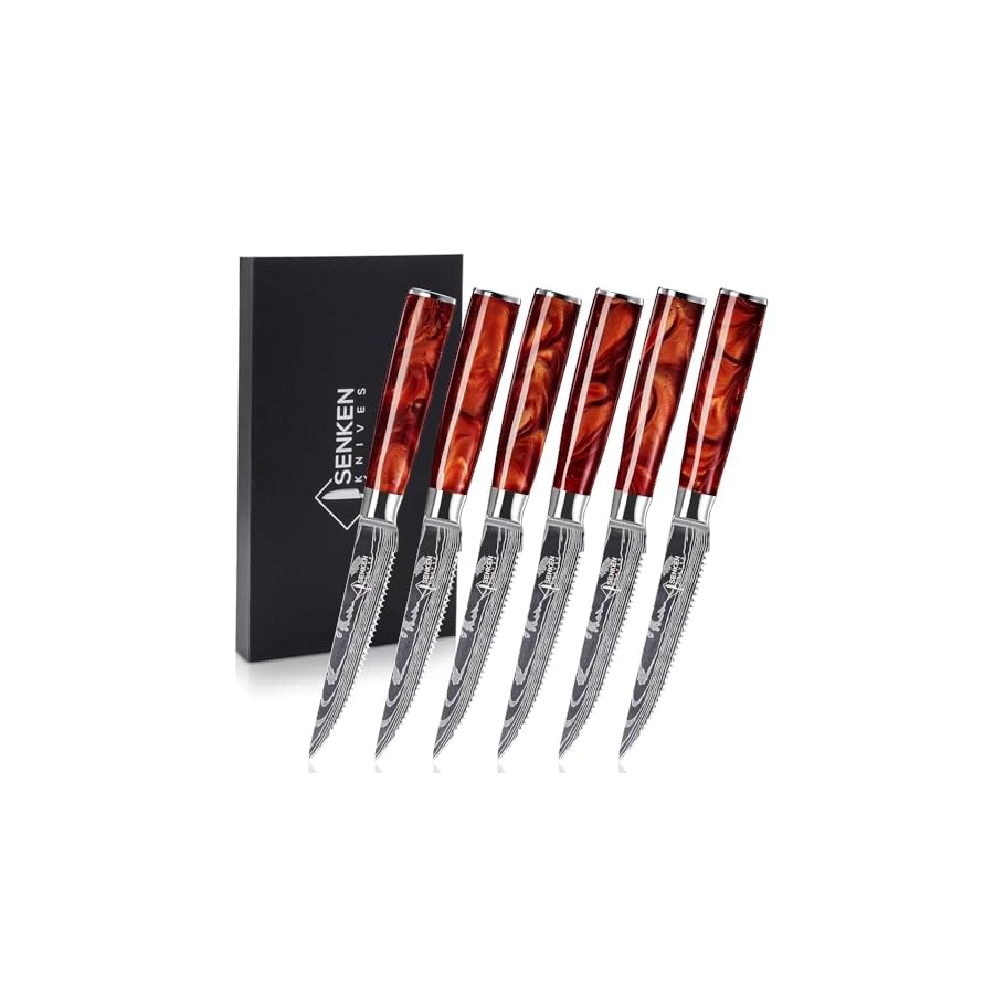SENKEN Professional Steak Knife Set with Engraved Damascus Pattern, Razor Sharp Blade, High Carbon Stainless Steel with Beautiful Gift Box, Blue & Red Resin Handles