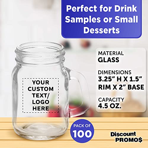 Custom Mason Jar with Handle Set 4.5 oz. Set of 100, Personalized Bulk Pack - Sampler Glasses, Glass Jars for Overnight Oats, Candies, Fruits, Pickles, Spices, Beverages - Clear